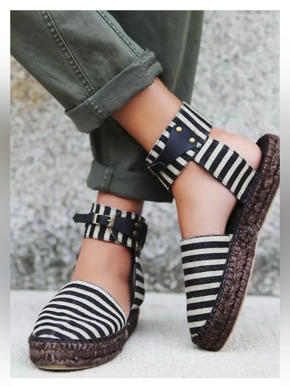 Free People Aurora Espadrille Striped Black White Sandals Sz 37/ US 7